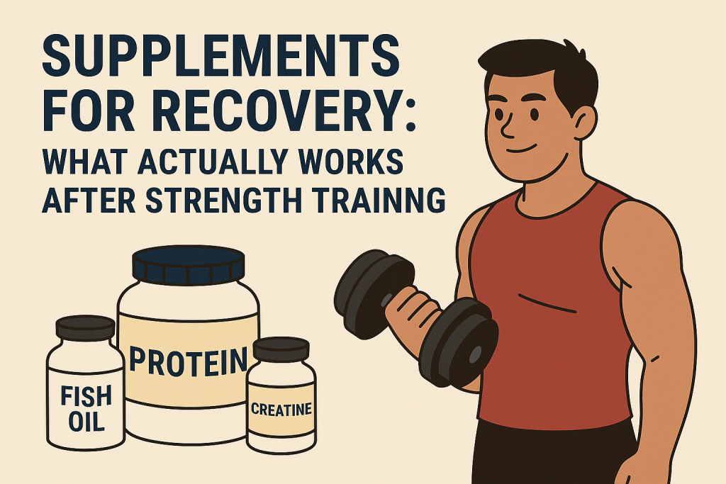 Supplements for recovery. A man doing bicep curls with various supplements in the frame.